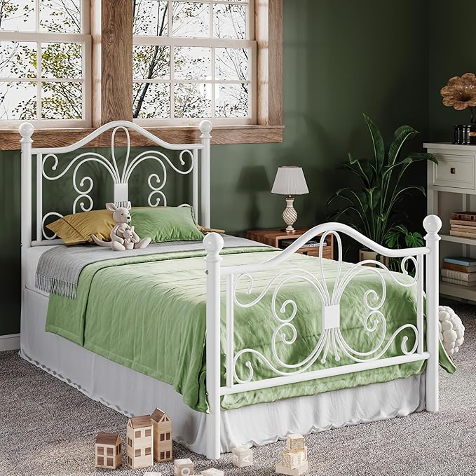 Allewie Twin Size Bed Frame for Kids,Metal Bed Frame with Butterfly Pattern Design Headboard and Footboard,No Box Spring Needed,Easy Assembly,White