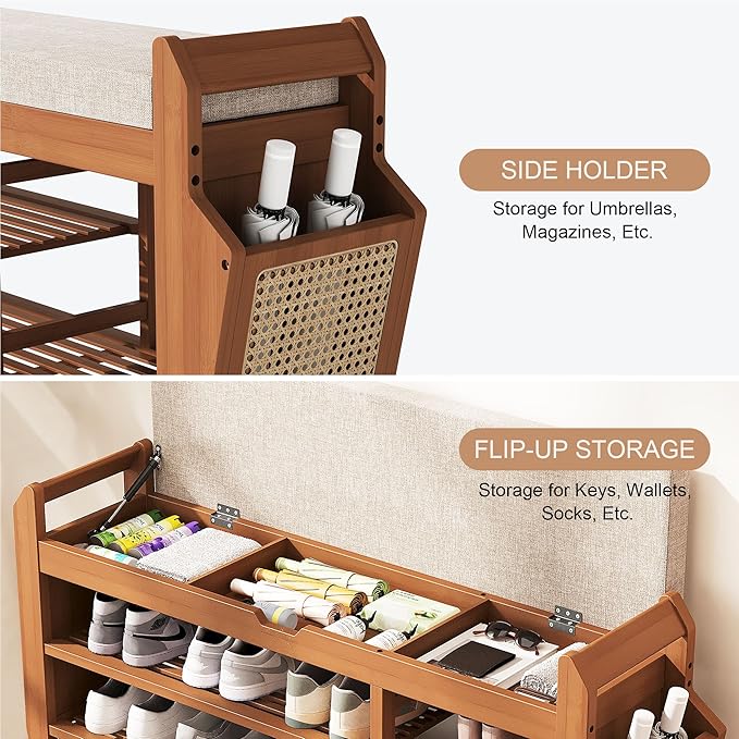 PETKABOO 39.4" Bamboo Shoe Rack Bench with Coat Rack, 3-Tier Entryway Bench with Thick Cushion, Flip-Top & Side Baskets, Holds Up to 550 LBS for Hallway, Living Room, Bedroom