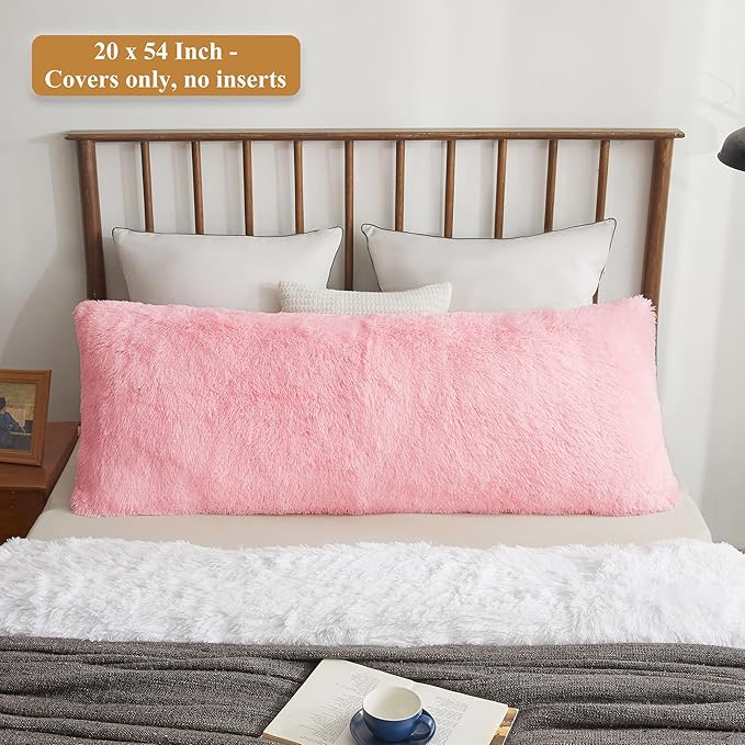 XeGe Cozy 20x54 Long Fluffy Body Pillow Cover, Plush Fuzzy Faux Fur Body Pillowcase with Zipper, Rectangular Furry Bed Pillow Sham for Pregnant Women Side Sleeper, Shaggy Bedding Pillow Light Pink