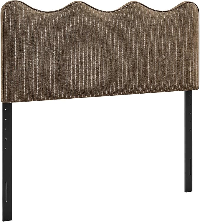 Monday Athena Striped Fabric Upholstered Full Size Adjustable Headboard in Earth Stripe - with Scalloped Wave Design and Soft Linen-Like Fabric