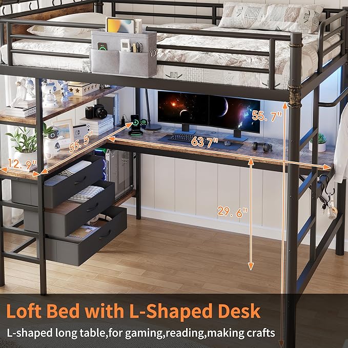 Full Size Loft Bed with L-Shaped Desk, LED Lights,Charging Station, Industrial Heavy Duty Metal Loft Bed Frame with 3 Storage Shelves and 3 Fabric Drawers, Safety Guard & Ladder, Vintage Brown