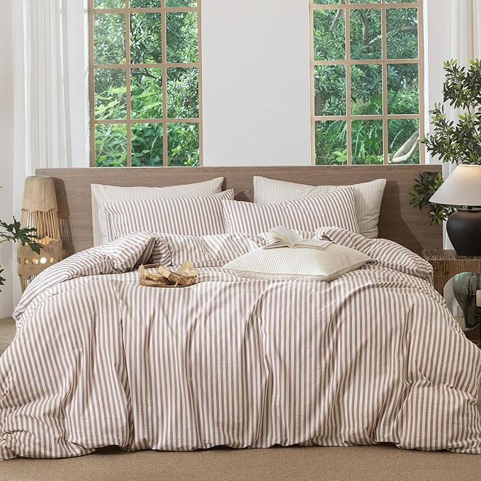 MooMee Striped Duvet Cover Set 100% Washed Cotton Linen Like Textured Breathable Durable Soft Comfy (Orange Classic Stripes, Super King 108"x98")