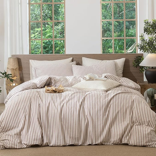 MooMee Striped Duvet Cover Set 100% Washed Cotton Linen Like Textured Breathable Durable Soft Comfy (Orange Classic Stripes, King 104"x90")