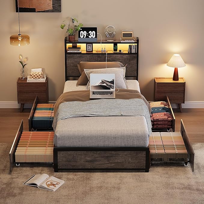 VINGLI Bed Frame Twin Size with 4 Storage Drawers and Headboard, Metal Platform Bed with Charging Station and RGB LED Lights, No Box Spring Needed, Noise Free, Easy Assembly, Wash Grey