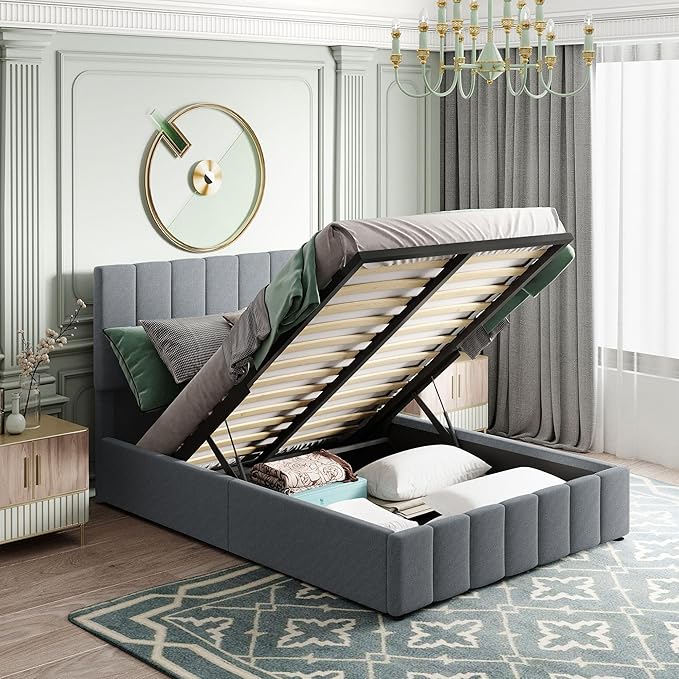 Harper & Bright Designs Upholstered Full beds Gas Lift Up Storage Platform Bed Frame with Tufted Headboard Wooden Slat Support and Under Bed Storage, Grey