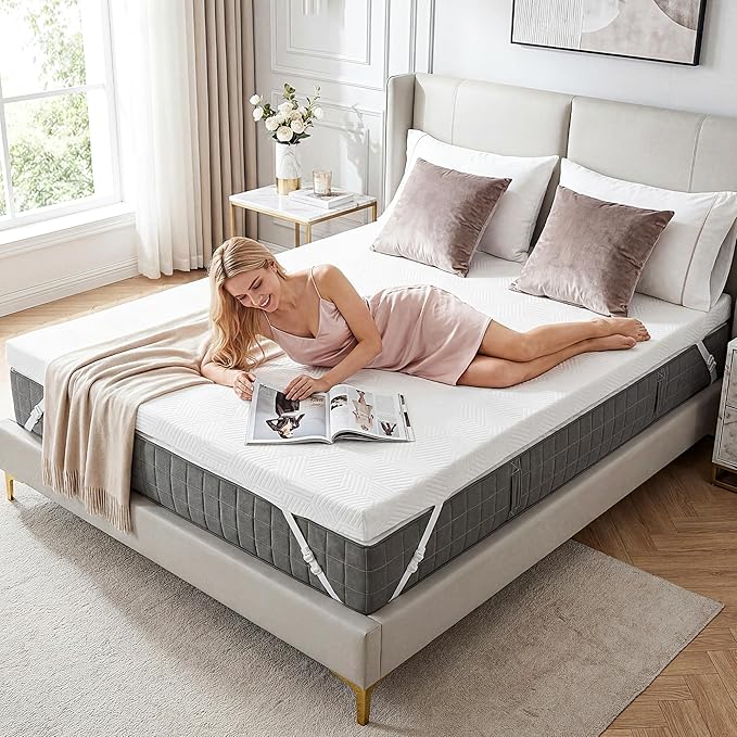 GRUSIGN 3 Inch Queen Memory Foam Mattress Topper with Adjustable Straps, Premium Soft & Supportive Topper, Breathable Gel Foam Bed Topper, Non-Slip Design, Removable & Washable Cover, 60" x 80", Queen