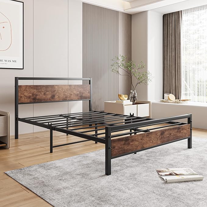 HOJINLINERO Full Size Bed Frame with Headboard, Heavy Duty Platform Bed Frame Full Reinforced Steel Square Tube Platform Strong Slats Support/No Box Spring Needed,Black and Rustic Brown