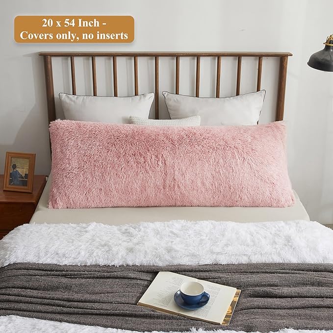 XeGe Luxury Shaggy Faux Fur Body Pillow Cover 20x54, Shed-Free Fluffy Long Pillowcase Hidden Zipper, Soft Plush Pillow Sham for Side Sleepers & Pregnancy Support, Aesthetic Room Decor (Pink Ombre)