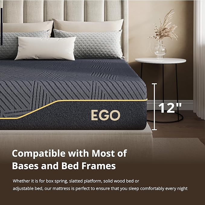 MLILY EGOHOME 12 Inch Full Memory Foam Mattress for Cooling Sleep, Pressure Relief Cooling Copper Gel Bed in a Box, Foam Made in USA, CertiPUR-US Certified, Medium Plush, 54x75x12 Black