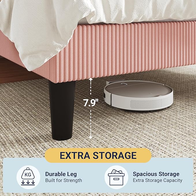 Allewie Queen Size Upholstered Bed Frame with Vertical Channel Tufted Headboard, Soft Corduroy Fabric Platform Bed, Strong Wooden Slats Support, Easy Assembly, No Box Spring Needed, Light Pink