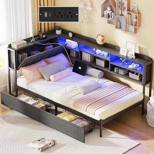 YITAHOME Twin Corner Bed Frame with Storage Drawers and Bookcase & Flip-up Storage Headboard, Twin Size Platform Corner Bed Frame with Charging Station and LED Lights, Twin Daybed for Dorm, Grey
