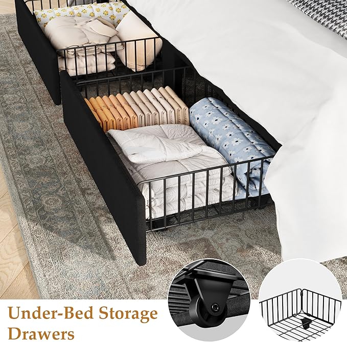 GAOMON Full Size Upholstered Platform Bed Frame with 2 Under-Bed Storage Drawers, Velvet Wingback Headboard, No Box Spring Needed, Sturdy & Noise-Free, Black