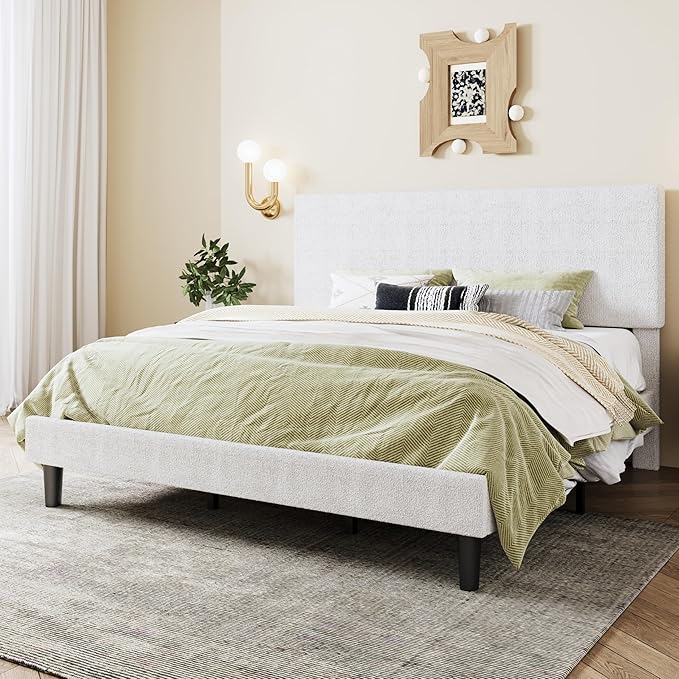 SHA CERLIN King Size Platform Bed Frame with Adjustable Headboard and Wooden Slats Support, Boucle Upholstered Mattress Foundation, No Box Spring Needed, Easy Assembly, Soft White