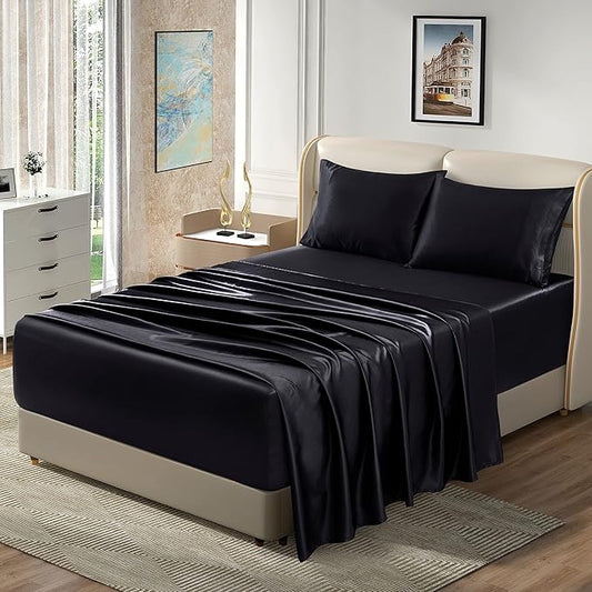 Homiest 4pcs Extra Deep Pocket Satin Sheets - King Size Bed Set, 18-24 Inch Deep Pocket Bed Sheets in Black, Luxury Fitted Sheet Set Fits Ultra Deep Mattress