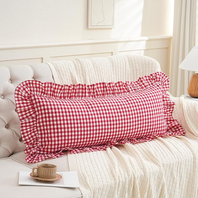 14x36 inches Red/White Plaid Ruffle Lumbar Gingham Pillow Sham 1 Piece, Pure Cotton Decor Pillowcase Farmhouse Pillow Cover for Bedding Couch