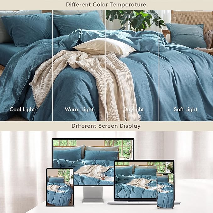 MooMee Bedding Duvet Cover Set 100% Washed Cotton Linen Like Textured Breathable Durable Soft Comfy (Heathered Peacock Blue, King 104"x90")