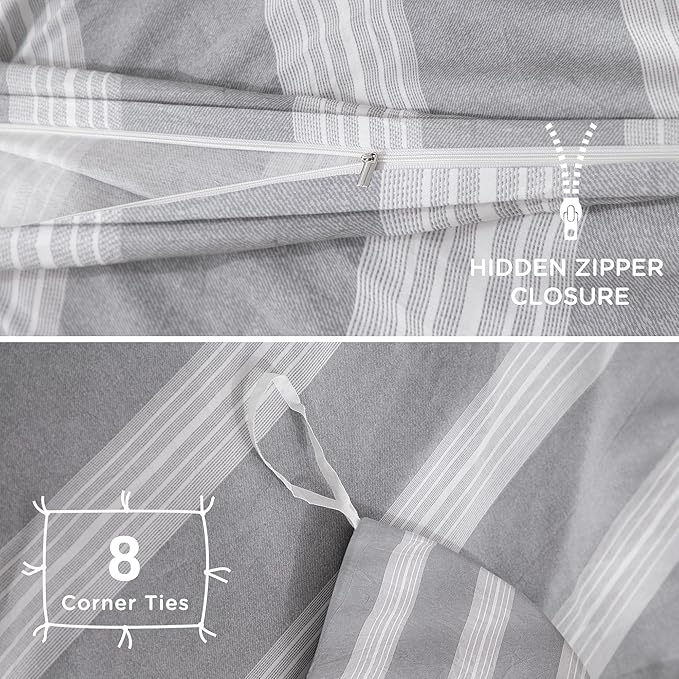 TOCOMOA Striped Duvet Cover Set 100% Natural Cotton Soft Comfy Breathable 3 Piece Light Grey and White Pattern Printed Comforter Cover Bedding Set (Queen 90"x90", Comforter Not Included)