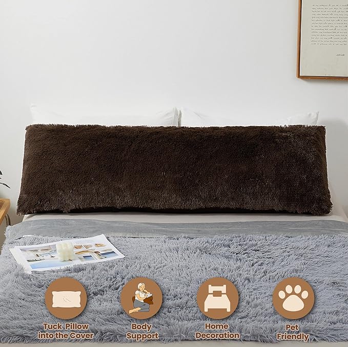 MEGO Shaggy Plush Body Pillow Cover, Faux Fur Fluffy Body Pillowcase, 20x54 Boho Fuzzy Full Body Pillow Case, Furry Long Big Throw Pillow Sham with Zipper for Home Bedding Couch Living Room Brown