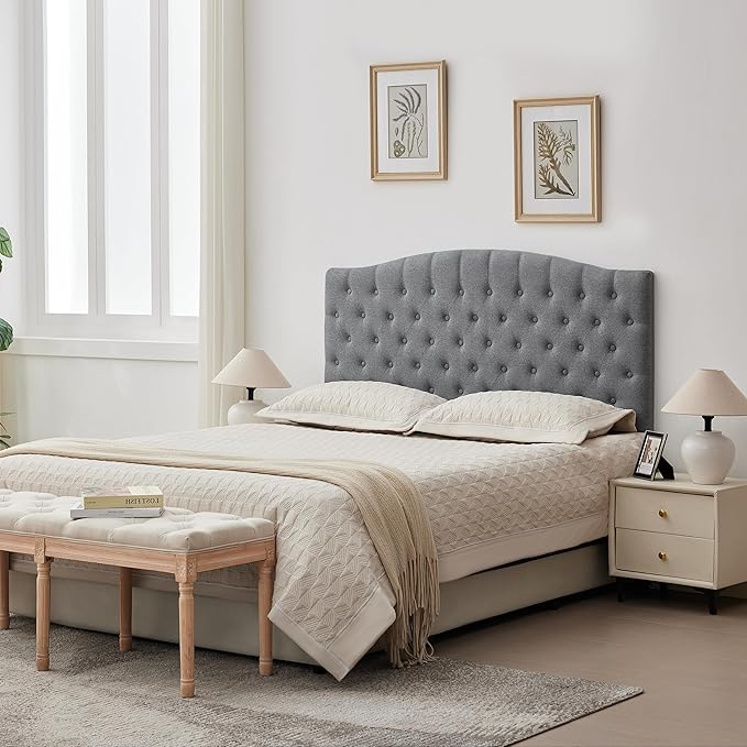 Tufted Upholstered Tall Headboard Queen Size, Sturdy and Durable Solid Wood Bed headboards, Comfortable Linen Fabric Queen Headboard Only, Modern Luxury Button Diamond Design Head Board, Grey