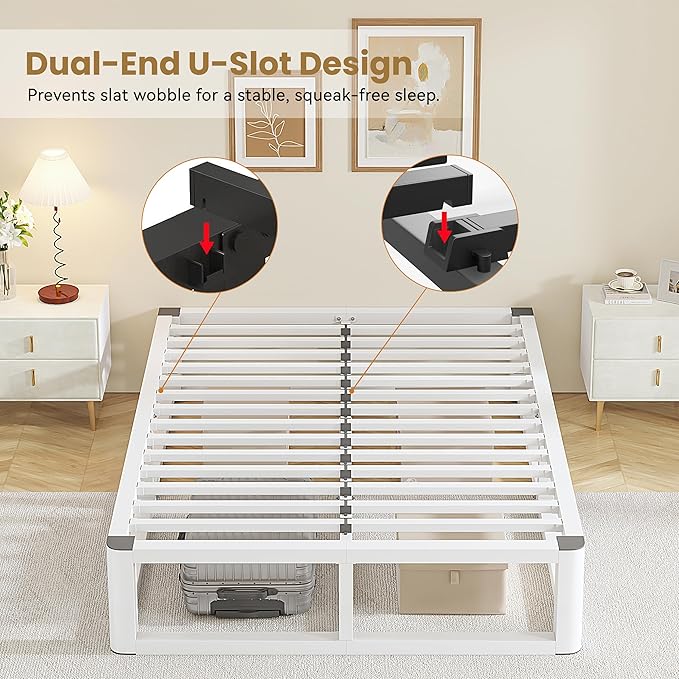 14 Inch King Size Bed Frame with Rounded Corner and Headboard Hole, Metal Platform Bed Frames 6 Non-Slip Guards, 3500lbs Heavy Duty Steel Slat Support, Squeak Free, No Box Spring Needed, White