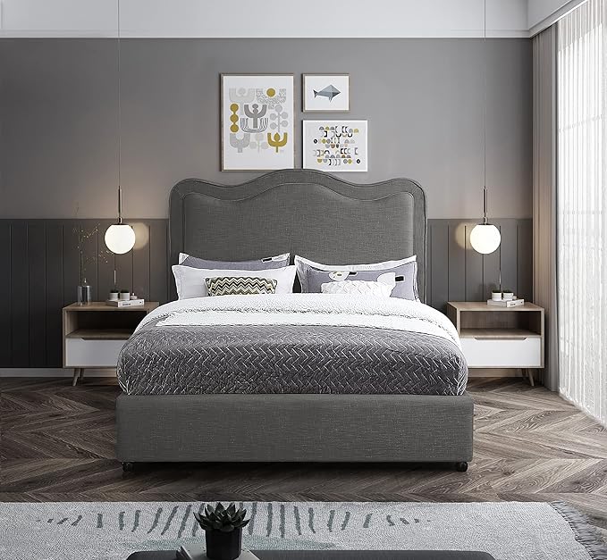Meridian Furniture FelixGrey-F Felix Collection Modern | Contemporary Linen Textured Fabric Upholstered Bed with Curved Headboard and Espresso Wood Legs, 59.5" W x 81" D x 55.5" H, Grey, Full