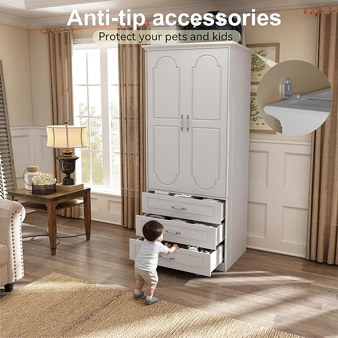 FJTJBSI Armoire Wardrobe Closet with 3 Drawers and LED Light 72" Wooden Bedroom Armoire with 2 Doors and Retro Ceramic Door Handles Modern Wardrobe Cabinet with Removable Hanging Rod White