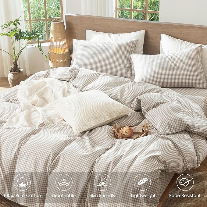 MooMee Gingham Duvet Cover Set 100% Washed Cotton Linen Like Textured Breathable Durable Soft Comfy Modern Checkered Design (Mini Gingham Tannish Linen Grey, Cal King 104"x98")