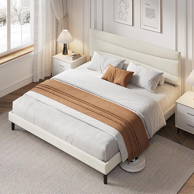 IDEALHOUSE King Size Upholstered Platform Bed Frame with Ergonomic Headboard, Beige Soft Fabric, Heavy Duty Wooden Slats, Noise-Free, 6.3" Underbed Storage, No Box Spring Needed, Easy Assembly