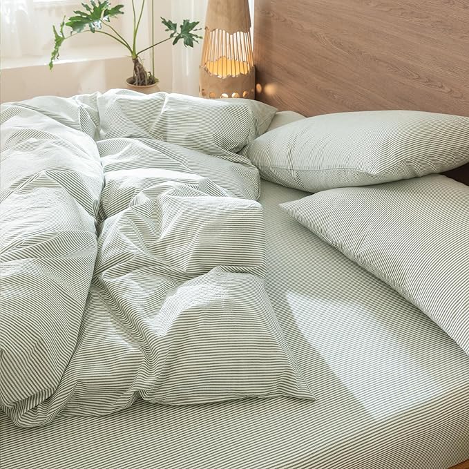 MooMee Striped Duvet Cover Set 100% Washed Cotton Linen Like Textured Breathable Durable Soft Comfy (Sage Green White Pinstripes, Queen 90"x90")