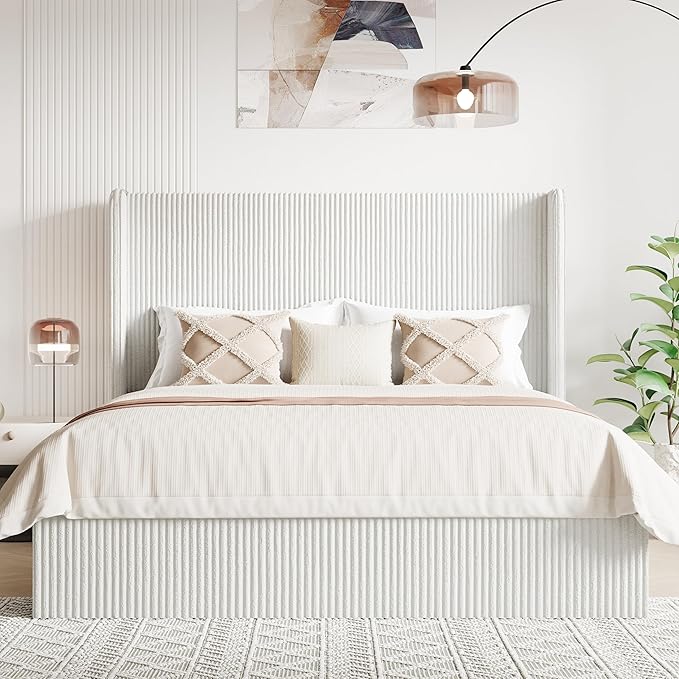 Allewie Queen Size Lift-Up Storage Bed Frame with Modern Wingback Headboard, Corduroy Upholstered Platform Bed, Hydraulic Gas Lift Support, Underbed Storage, Wooden Slats, No Box Spring Needed, White