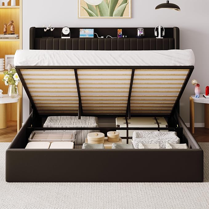 Allewie King Size Lift Up Storage Bed Frame,Storage Shelf Headboard with Charging Station,Type-C and USB Ports,Hydraulic Support,Velvet Upholstered Bed Frame,No Box Spring Needed,Black