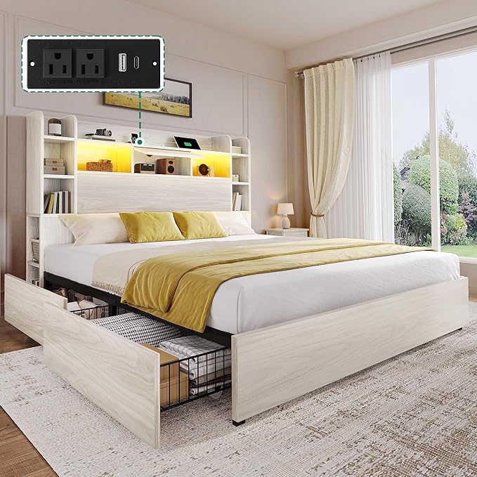 DWVO Queen Size Bed Frame with Bookcase Headboard and 4 Storage Drawers, RGB LED Bed Frame with Type-C & USB Charging Station Storage Headboard Bed, No Box Spring Needed, Noise Free, White Oak