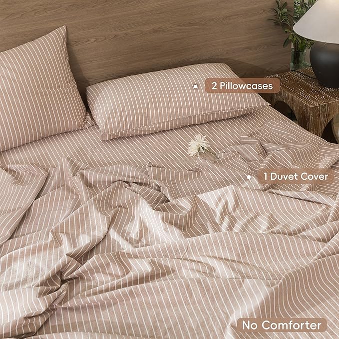 MooMee Striped Duvet Cover Set 100% Washed Cotton Linen Like Textured Breathable Durable Soft Comfy (Orange White Wide Stripes, Oversized Queen 98"x98")