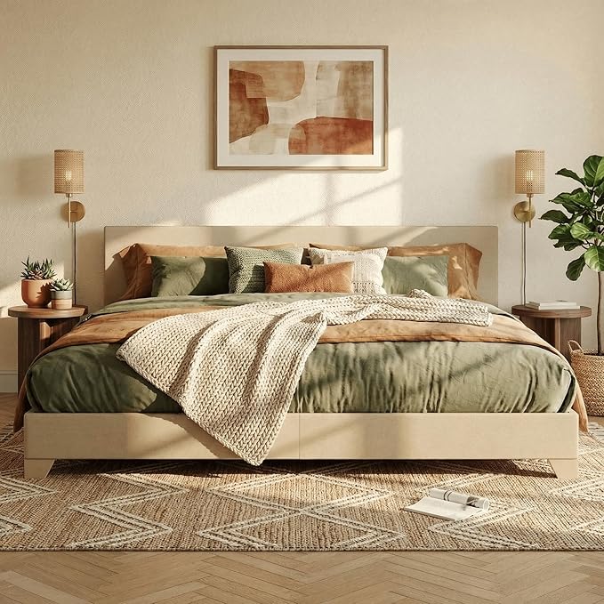 SHA CERLIN Upholstered King Size Bed Frame with Adjustable Headboard, Stable Mattress Foundation, Strong Back-Support, No Box Spring Needed, Beige