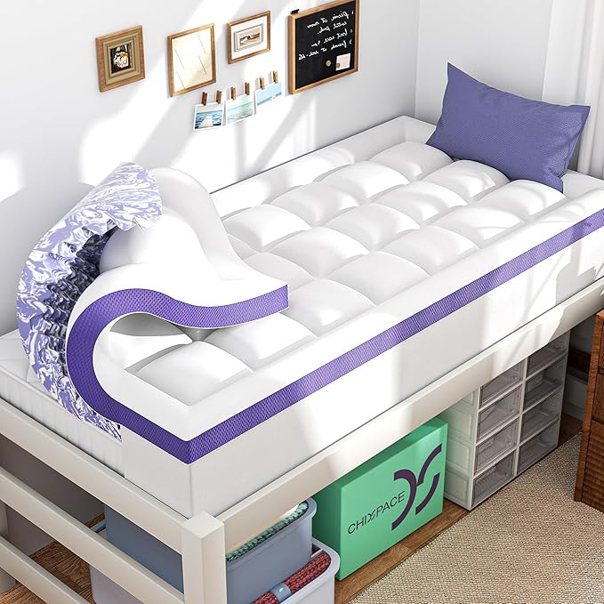 ChiXpace Dual Layer 4 Inch Memory Foam Mattress Topper Full XL - 2 Inch Gel Memory Foam and 2 Inch Pillow Top Mattress Pad,7-Zone Egg Crate Full XL Size Mattress Topper (White)