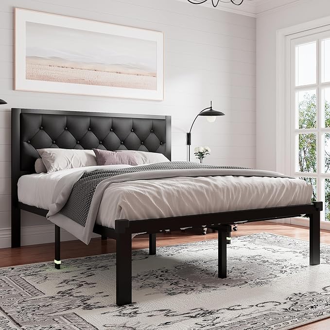 Feonase Queen Size Metal Bed Frame with Faux Leather Button Tufted Headboard, Heavy-Duty Platform Bed Frame with 12" Storage, Steel Slats Support, No Box Spring Needed, Noise Free, Matte Black