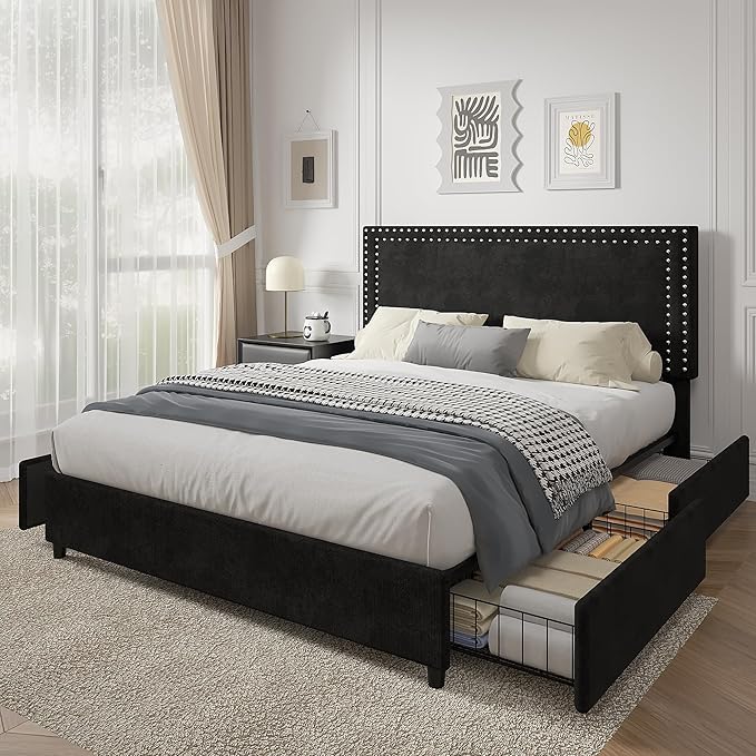 VECELO Queen Size Upholstered Bed Frame with 4 Storage Drawers, Adjustable Velvet Rivet Decor Headboard, Wooden Slats Platform Support, No Box Spring Needed, Easy Assembly,Black