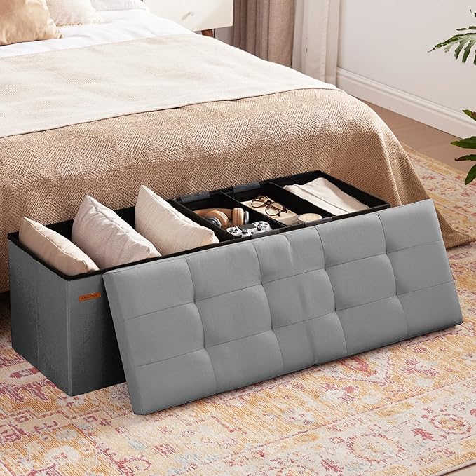HAUSFRAU Storage Ottoman Bench with Flipping Lid, 43.3 Inches Storage Chest Footsrest, Folding Foot Stool for Entryway, Living Room, Bedroom, Linen Grey