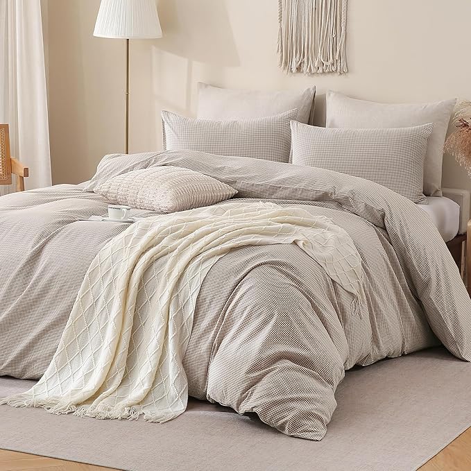 TOCOMOA Mini Gingham Tan Duvet Cover Bedding Set 100% Washed Cotton Like Linen Feel Super Soft Comfy 3 Piece Brown Small Plaid Checkered Fall Comforter Cover Set (Full 80"x90", Comforter Not Included)