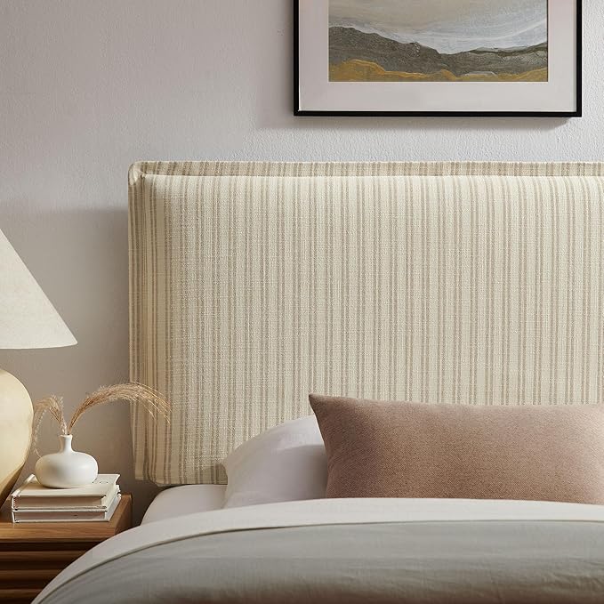 Modway Camille Twin Size Striped Linen Blend Pinstripe Headboard with Removable Slipcover – in Oatmeal Stripe - Padded Pillow Style Headboard with Adjustable Mounting for Twin Beds