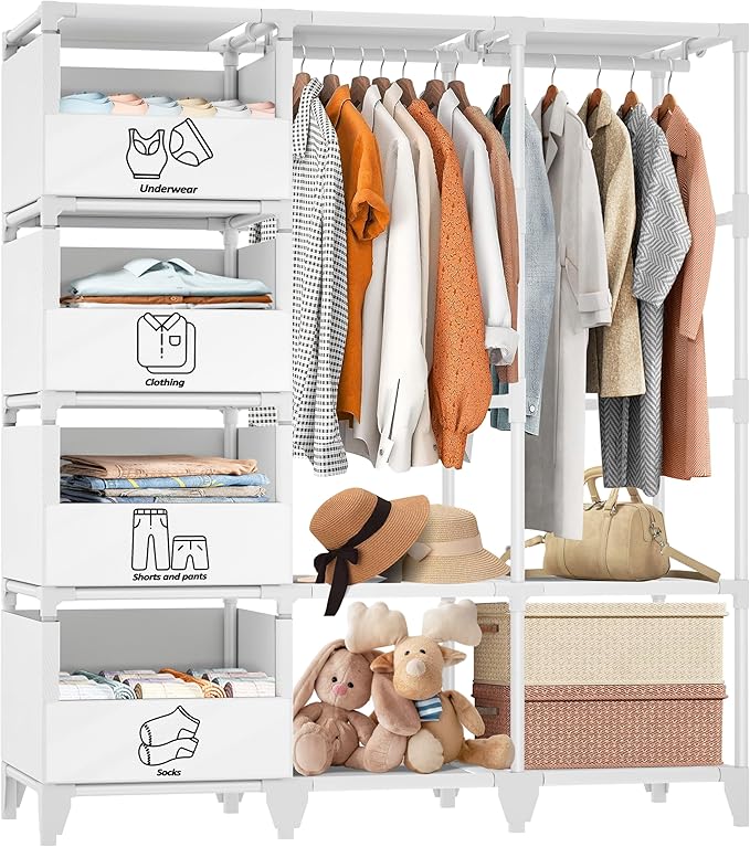 Portable Closet, Easy Assembly, Large Capacity Wardrobe Closet, Sturdy and Stable Clothes Rack with Shelves 4 Storage Baskets and 2 Hanging Rods, for Bedroom and Cloakroom White
