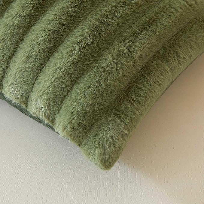 MEGO Fluffy Faux Rabbit Fur Body Pillow Cover, Luxury Plush Fuzzy Striped 20x54 Bedroom Body Pillowcase Moss Green, Furry Long Bed Pillow Case with Zipper for Kids Girls Teens Adults, Sage Green