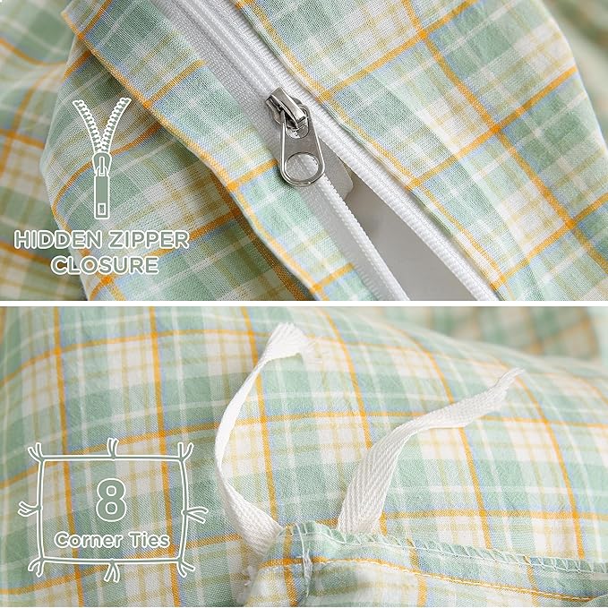 TOCOMOA Plaid Duvet Cover Set 100% Washed Cotton Like Linen Feel Super Soft Comfy 3 Piece Green and Yellow Gingham Checkered Bedding Comforter Cover Set (Queen 90"x90", Comforter Not Included)