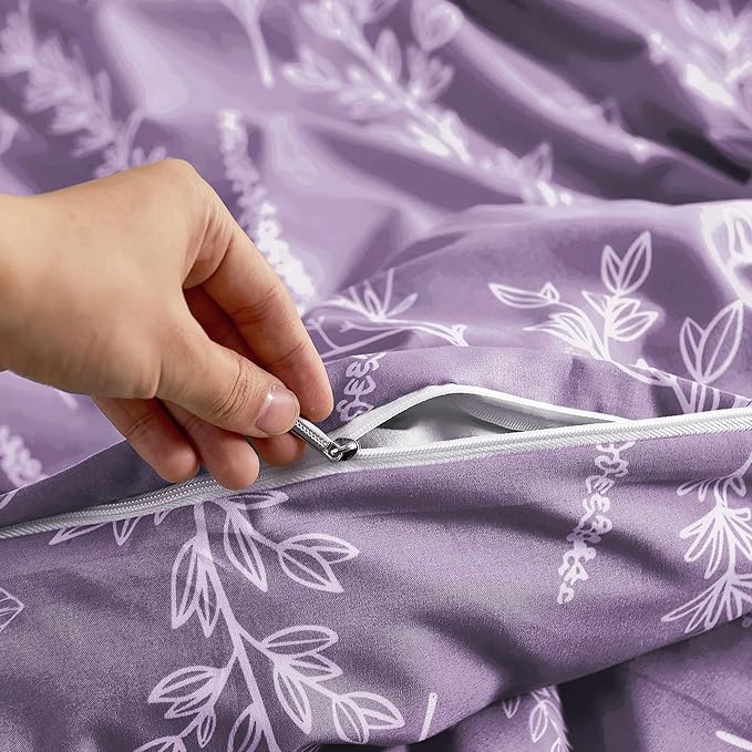 MUXHOMO Duvet Cover Full Size, Reversible Floral Grayish Purple Duvet Cover Set with Zipper Closure, 3 Pieces Botanical Patterns Soft Microfiber Bedding Set with 4 Ties (80"x90", 2 Pillow Cases)