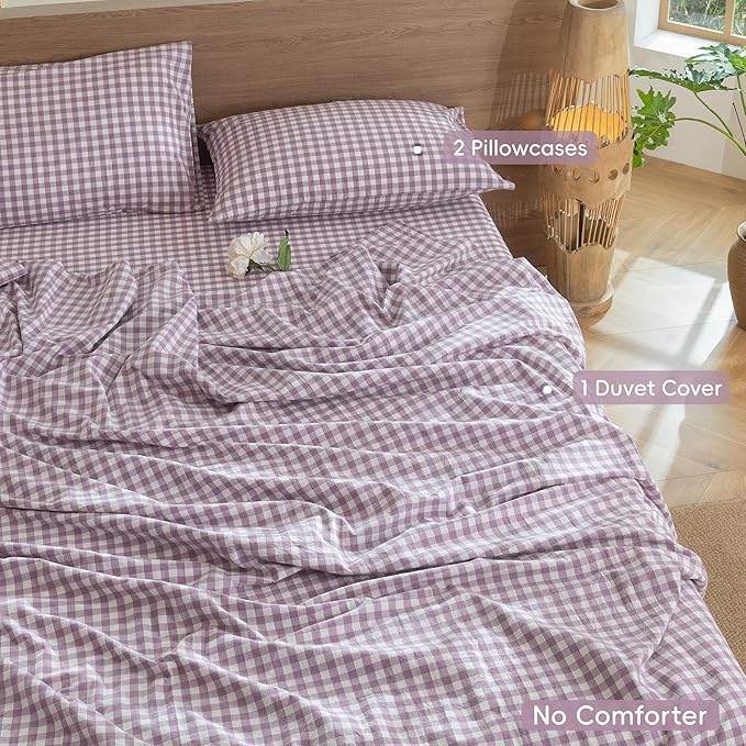 MooMee Gingham Duvet Cover Set 100% Washed Cotton Linen Like Textured Breathable Durable Soft Comfy Modern Checkered Design (Classic Gingham Light Purple, Full 80"x90")