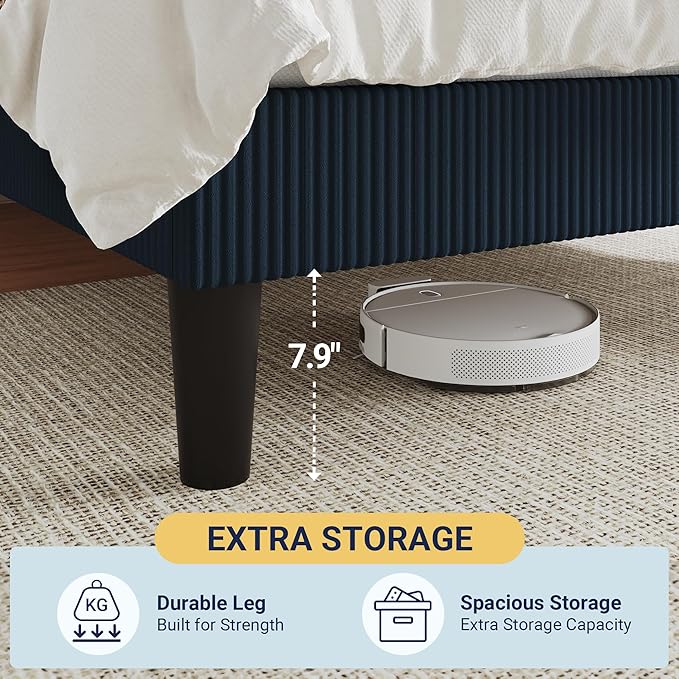 Allewie Full Size Upholstered Bed Frame with Vertical Channel Tufted Headboard, Soft Corduroy Fabric Platform Bed, Strong Wooden Slats Support, Easy Assembly, No Box Spring Needed, Dark Blue