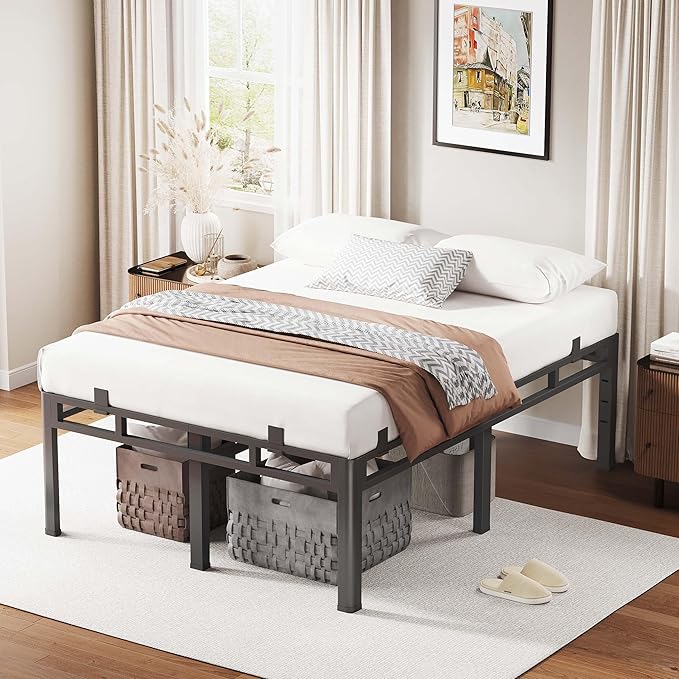 ROIL 16 Inch King Bed Frame, Double Layer Metal Bed Frame with Round Corner Legs, 4000LBS Bed Frame & Box Spring 2 in 1 Platform with Headboard Holes Mattress Baffles, Noise-Free Easy Assembly