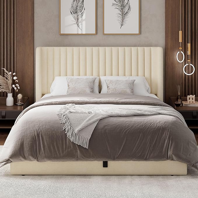 Feonase Full Size Lift Up Storage Bed Frame, Linen Upholstered Platform Bed with Wingback Headboard, Hydraulic Storage, No Box Spring Needed, Beige