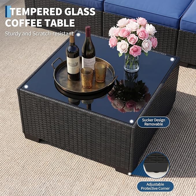 7-Piece Outdoor Patio Furniture Set, Modular Sectional Sofa with Water-Resistant Washable Thick Cushions & Coffee Table, Rattan & Wicker Conversation Set, Brown Frame (Black Wicker & Blue Cushions)