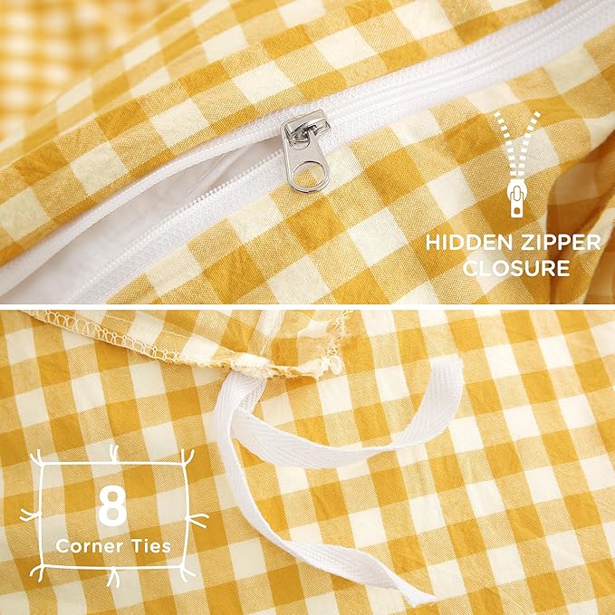 TOCOMOA Yellow Gingham Duvet Cover Bedding Set 100% Washed Cotton Like Linen Feel Super Soft Comfortable 3 Piece Vintage Plaid Checkered Comforter Cover Set (Queen 90"x90", Comforter Not Included)